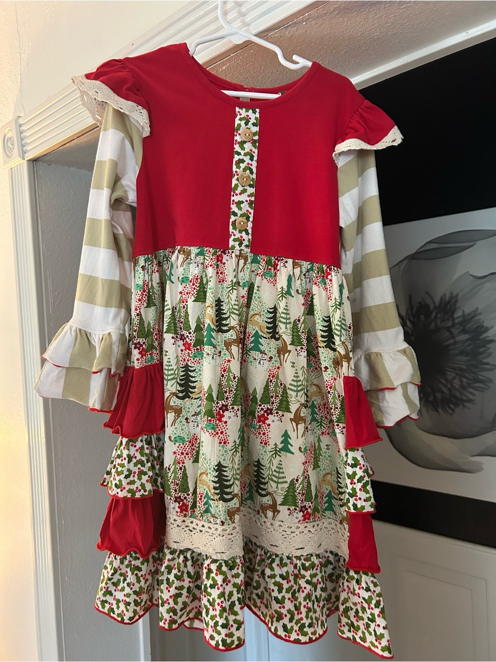 Banana Split Festive Forest Red & Cream Ruffle Holiday Dress